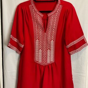 Farysays Red Boho Tunic Blouse with 1/2 Length Sleeves and Mandarin Collar